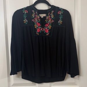 LOFT Black Top with Pink Floral Embroidery